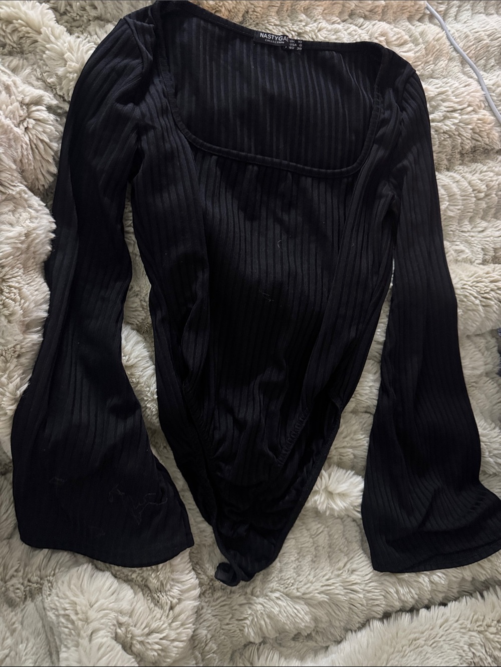 Nasty Gal Black Ribbed Square-Neck Bell-Sleeve Bodysuit